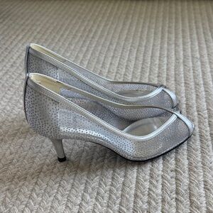 Stuart Weitzman Sparkly Silver Mesh Peep Toe Pumps